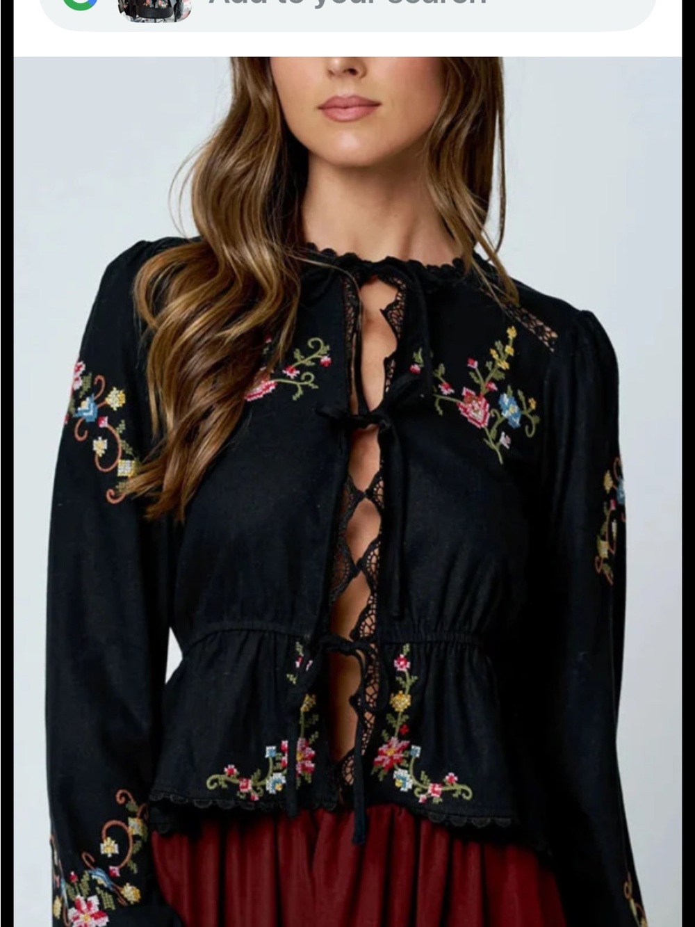 Blu Pepper Black Embroidered floral Tie-Front long sleeve Top